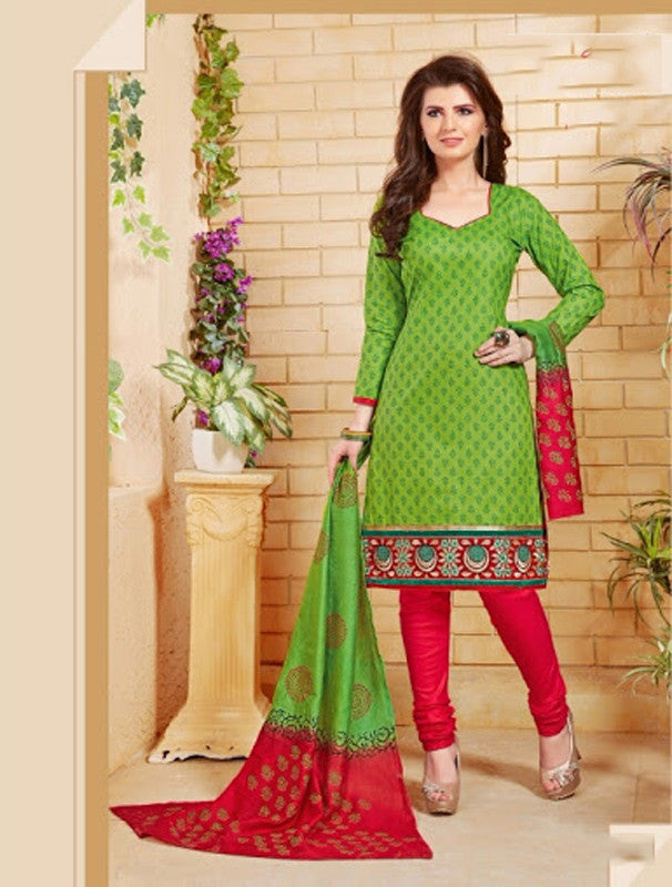Elegant Embroidery Work Salwar Collection - Green And Red Ready To Stitch Material - Green And Red Simple And Beautiful Embroidery Work And Unique Color Combination Salwar Suits / Party / Festivals / Special Occasions /Casual - Ready to Stitch - Boutique4India Inc.