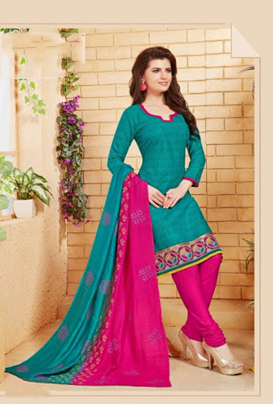 Elegant Embroidery Work Salwar Collection - Turquoise And Pink Ready To Stitch Material - Turquoise And Pink Simple And Beautiful Embroidery Work And Unique Color Combination Salwar Suits / Party / Festivals / Special Occasions /Casual - Ready to Stitch - Boutique4India Inc.