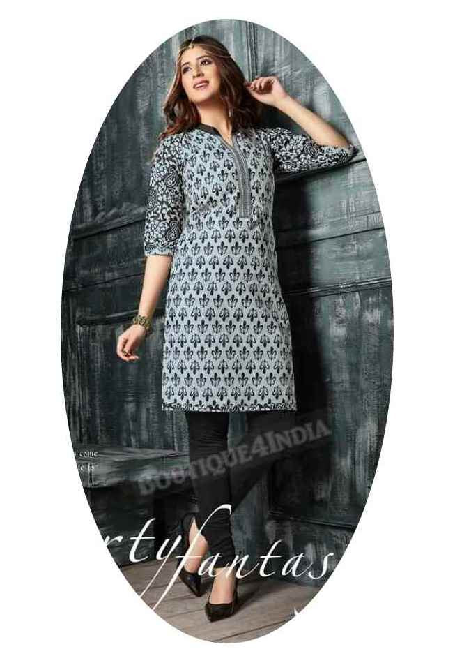 Black and Grey Ravishing Printed Cotton Kurti