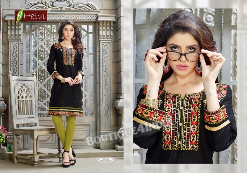 Black Cotton 3/4 sleeves Slub Kurti
