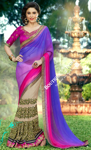 Net Faux Chiffon Saree with Hot Pink, Royal Purple and Golden - Boutique4India Inc.