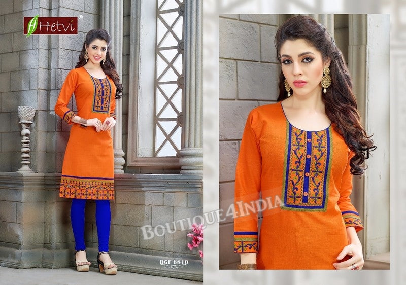 Orange Cotton 3/4 sleeves Slub Kurti