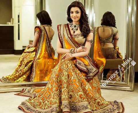 Gorgeous Bridal Lehnga - Mustard And Golden Semi Stitched Bridal Lehnga With Embroidery Peal And Jhumka Work. Stunning Collections For Wedding, Party, Festival, Special Occasion - Semi Stitched, Blouse - Ready to Stitch - Boutique4India Inc.