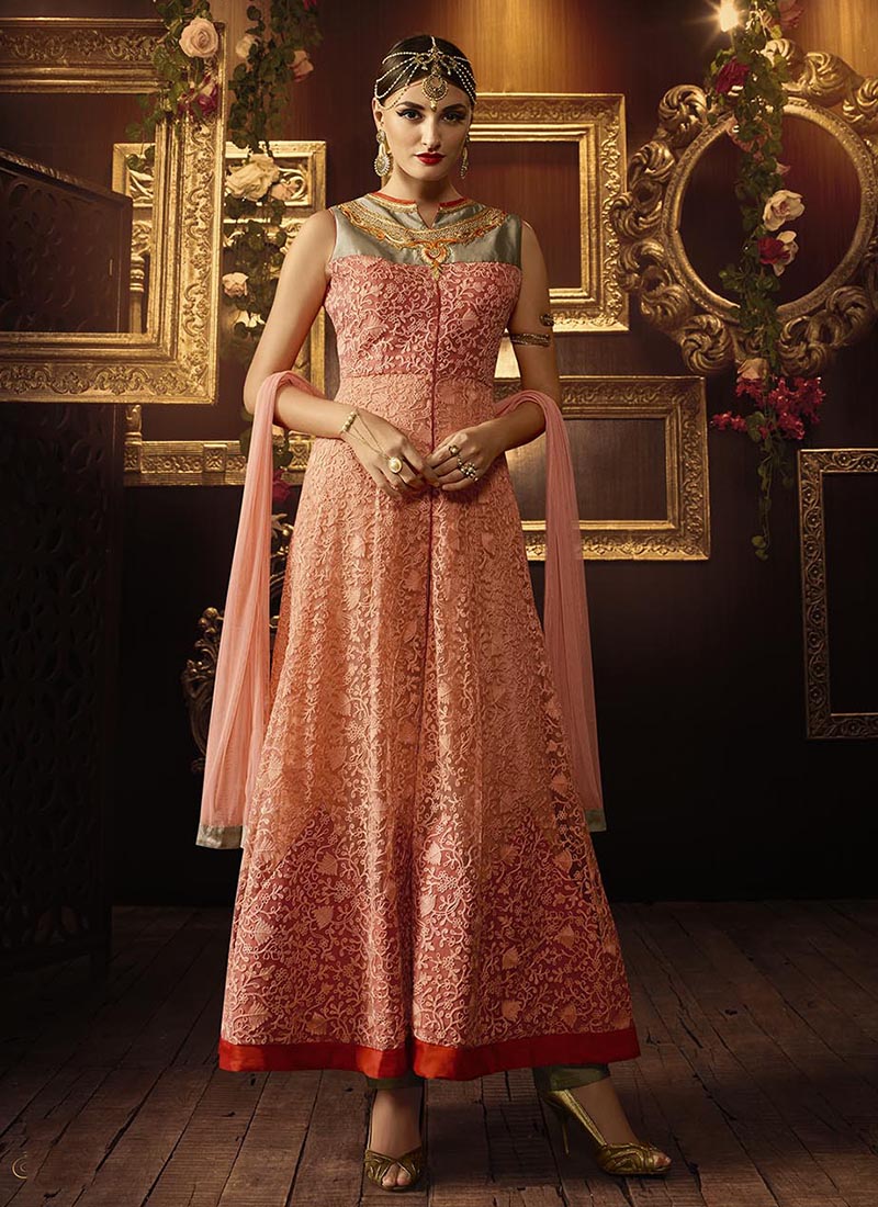 Peach net wedding wear anarkali suit