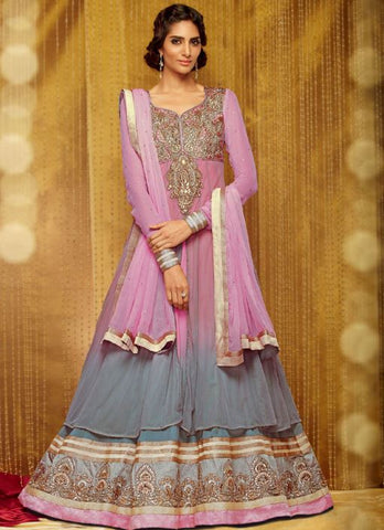 Pink and grey party wear Anarkali suit