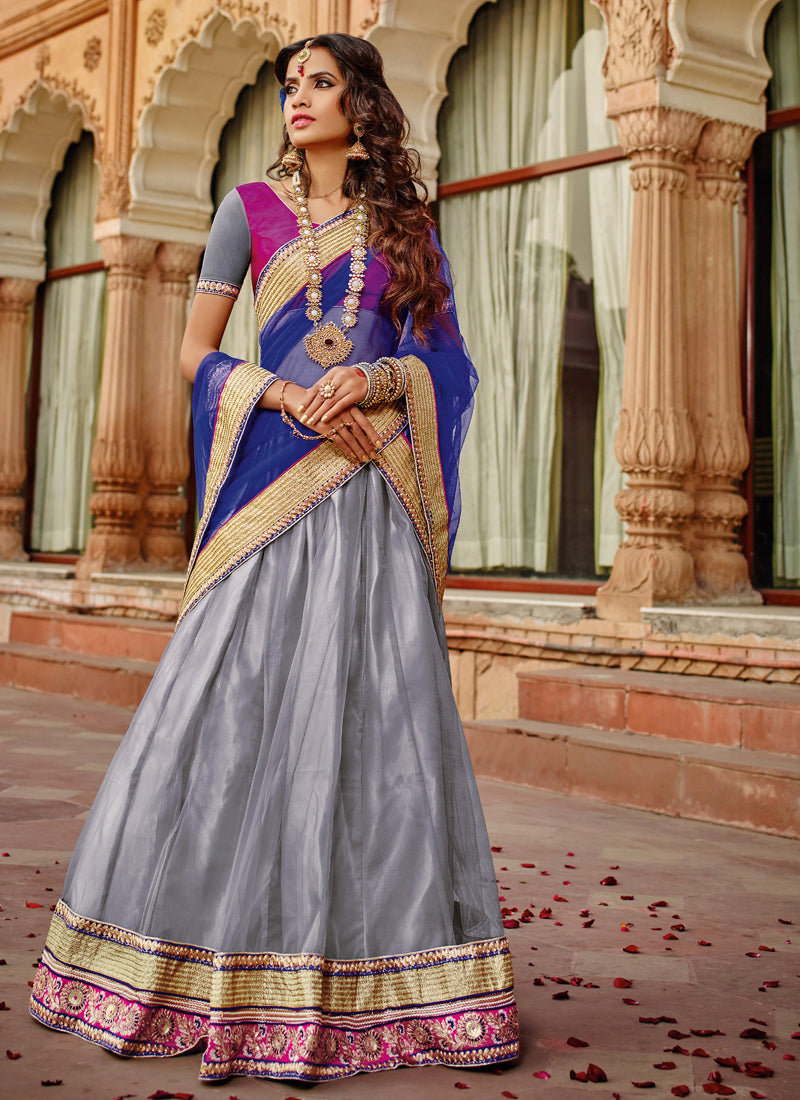 grey net party wear lehenga choli