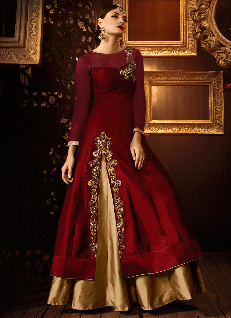 Maroon taffeta silk party wear khatli work anarkali suit