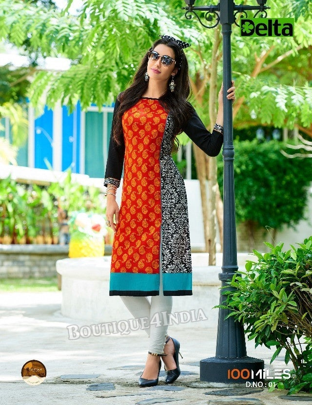 Orange Self Design and printed Cotton Kurti