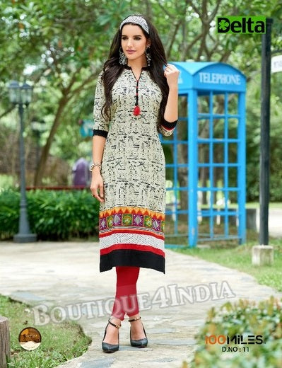 Beige & black Self Design and printed Cotton Kurti