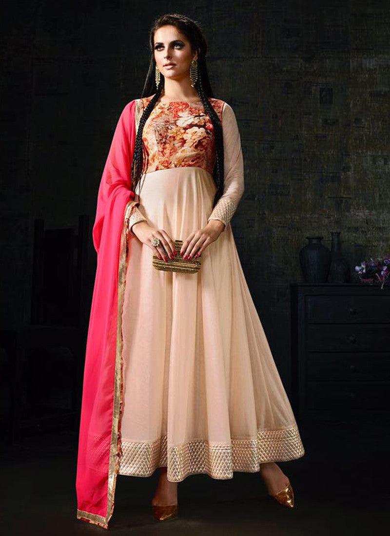 Light Peach Lycra Embroidered Anarkali Suit