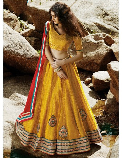 Yellow Net Embroidered Wedding Lehenga Choli