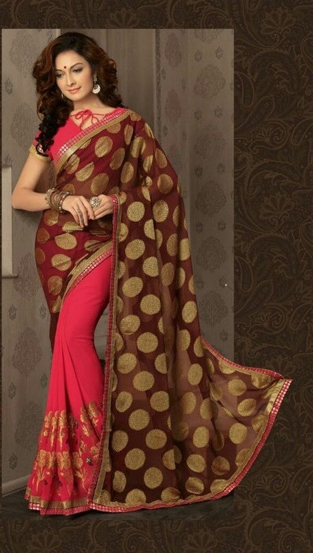 Soft Embroidered Georgette Designer Saree in Pinkish Orange Color