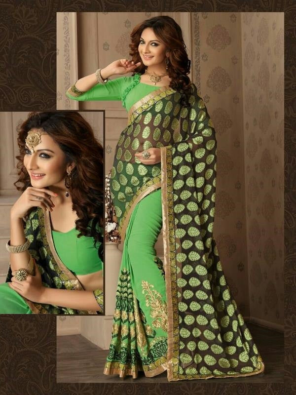 Soft Embroidered Georgette Designer Saree in Green Color