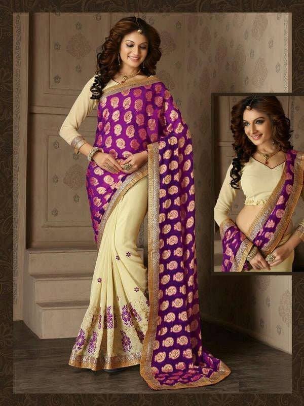 Soft Embroidered Georgette Designer Saree in Off-white and purple Color