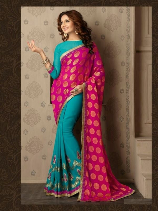 Soft Embroidered Georgette Designer Saree in Dark cyan Color