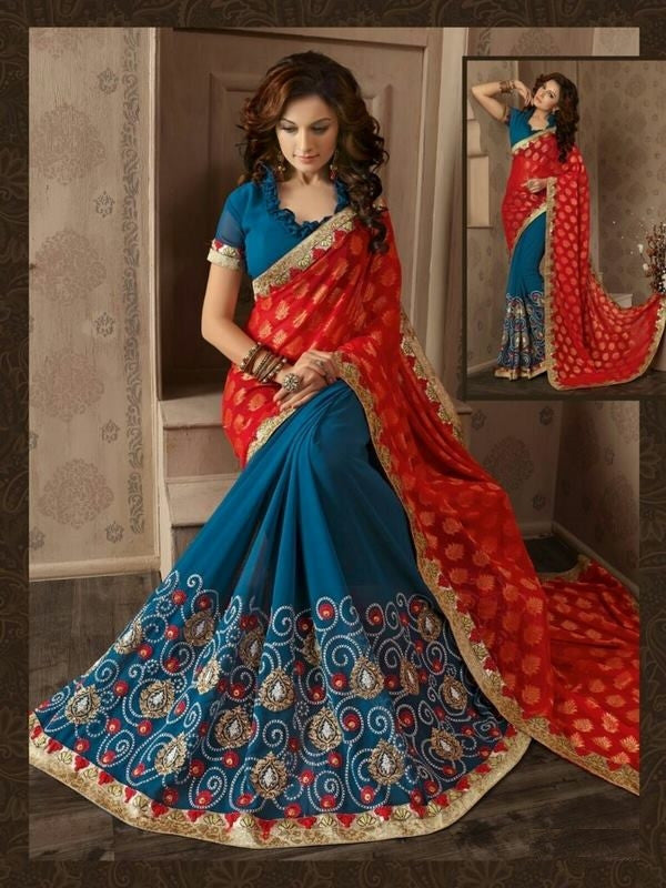 Soft Embroidered Georgette Designer Saree in Dark blue color
