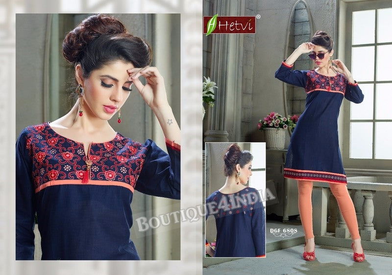 Navy Cotton 3/4 sleeves Slub Kurti