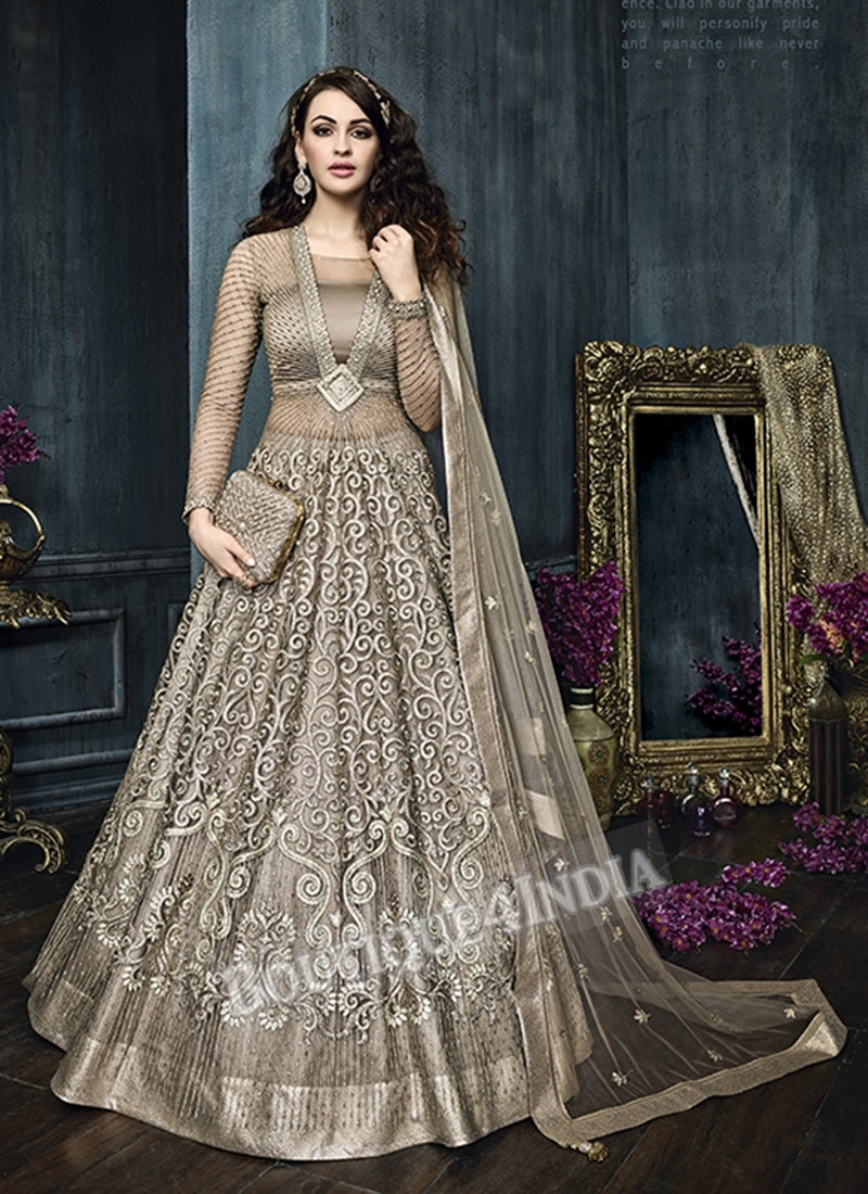 Beige Net Satin Bridal Wear Anarkali