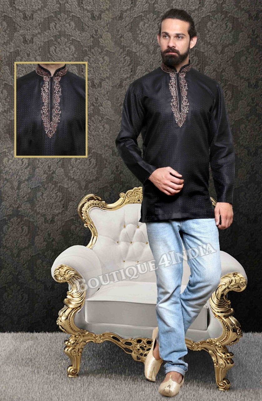 Black Silk Cotton Men's Kurta