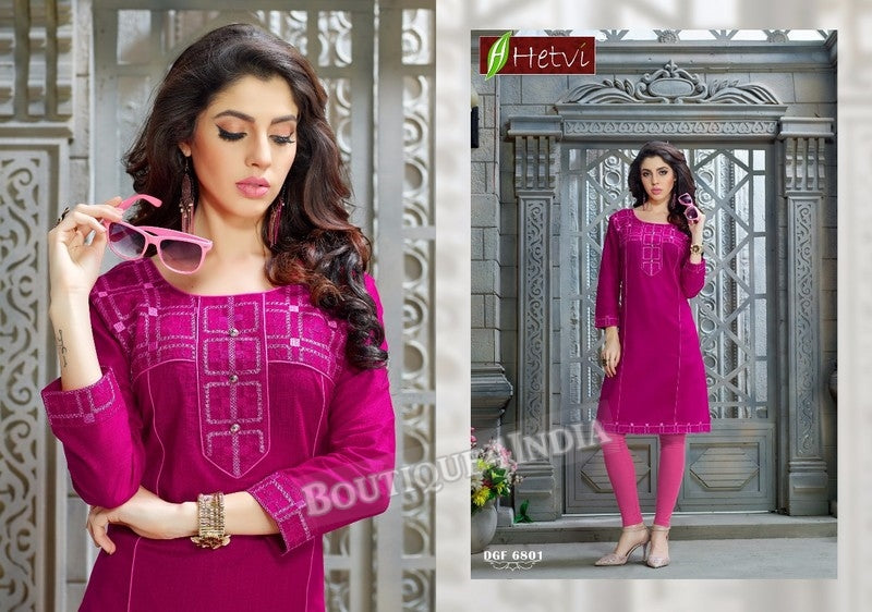 Magenta Cotton 3/4 sleeves Slub Kurti