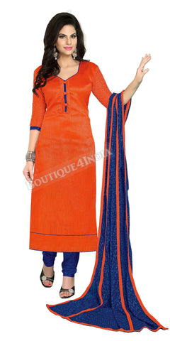Orange and Blue Color Chanderi Embroidered Straight Cut Salwar Suit