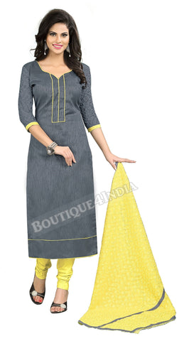 Dark grey and yellow Color Chanderi Embroidered Straight Cut Salwar Suit