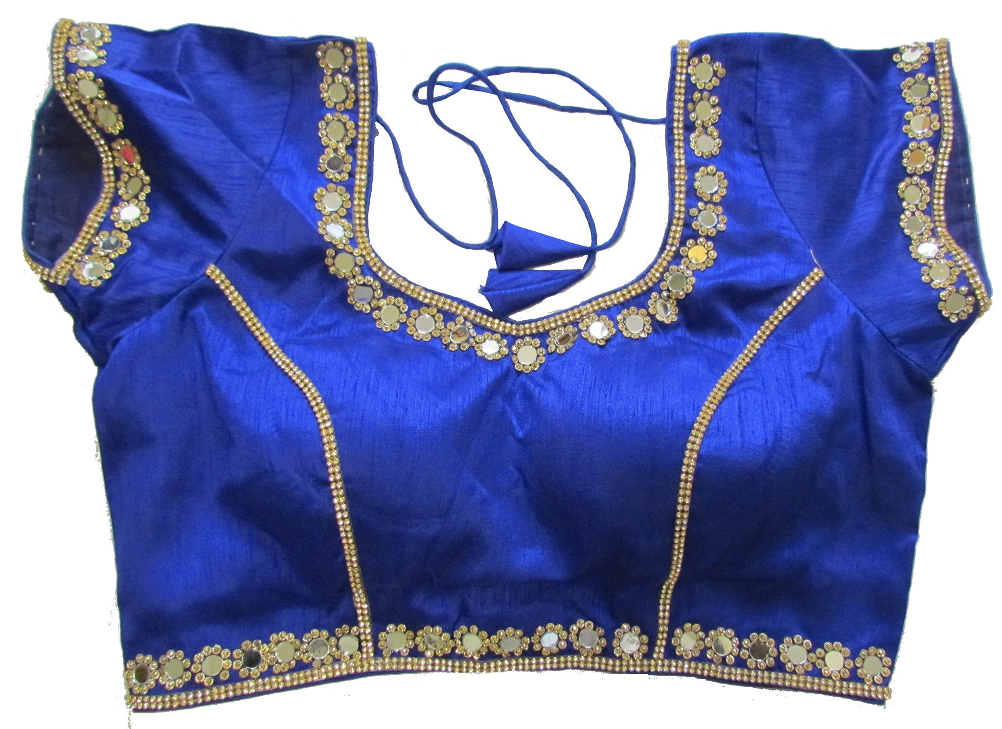 Blue dupion silk brocade padded mirror work blouse