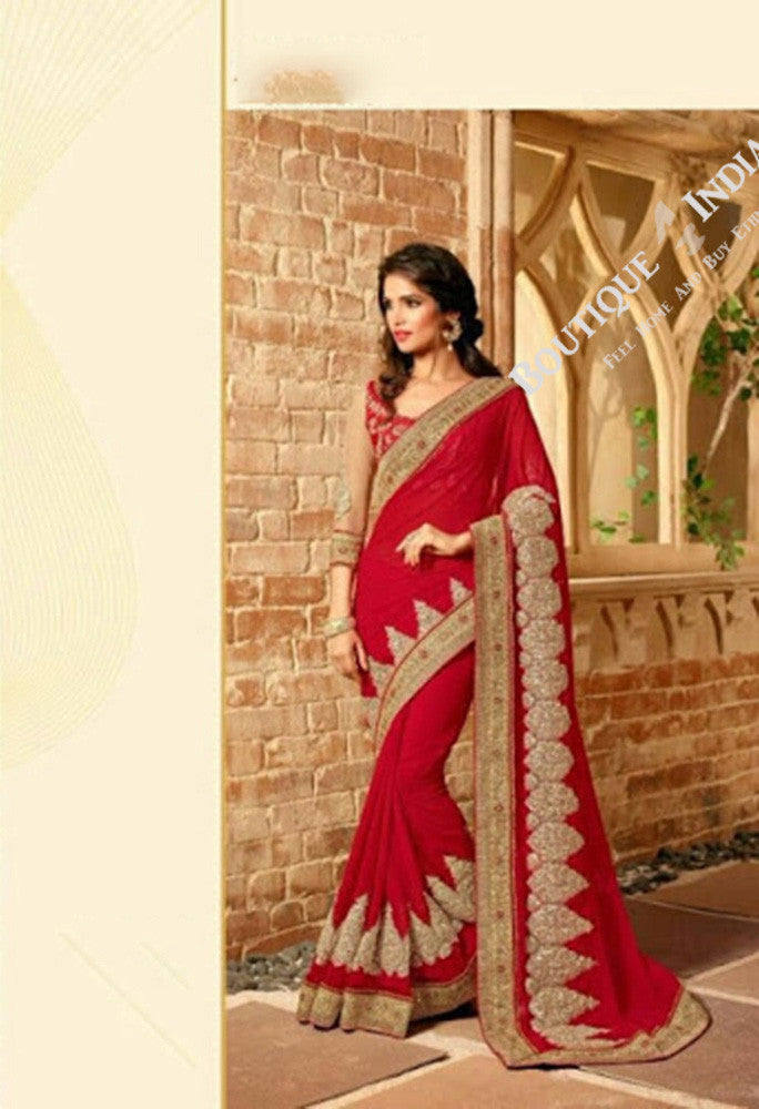 Sarees - Ruby Red/ Maroon And Golden Stunning Bridal Designer
