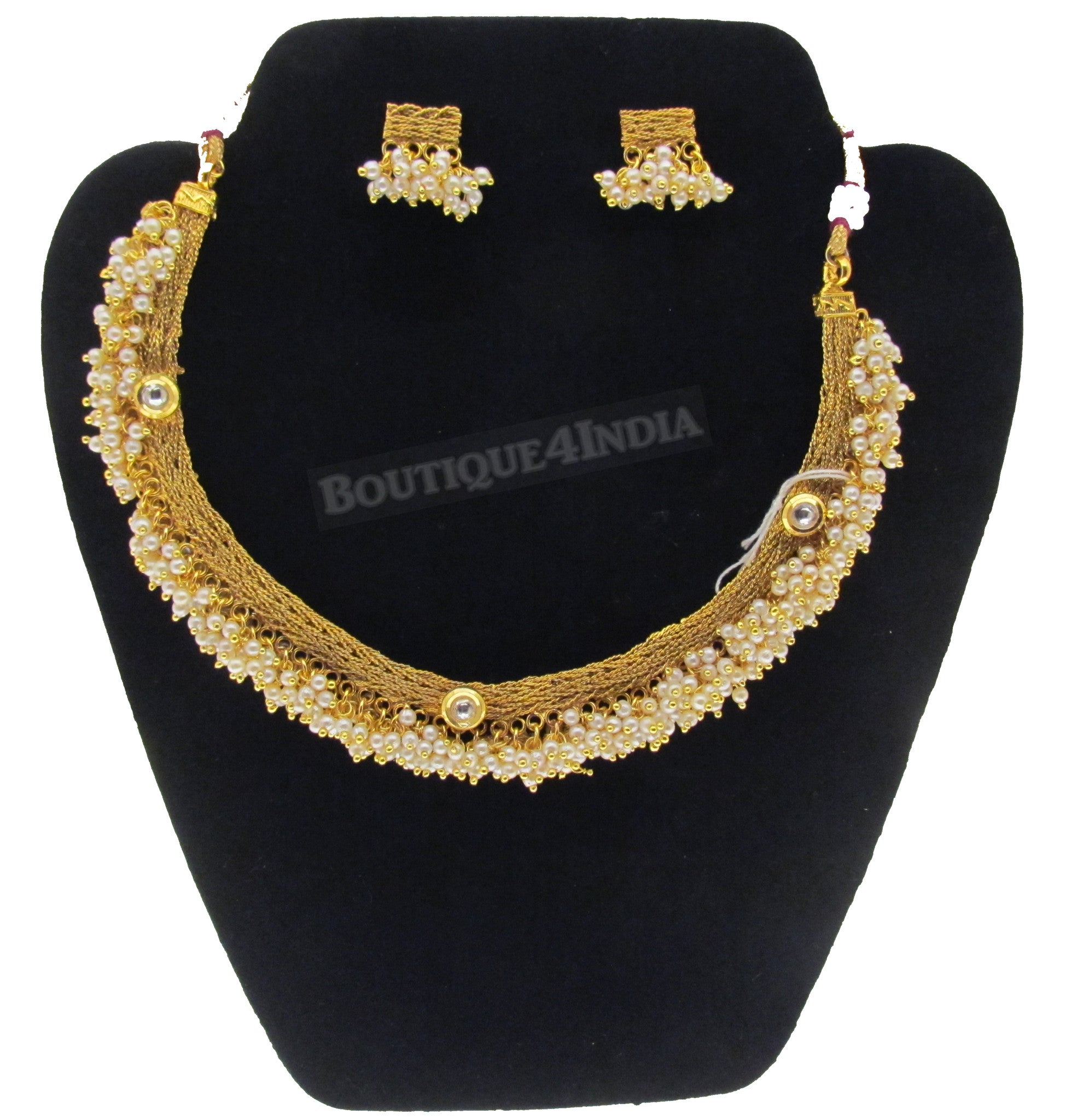 Necklace set polki pearl beads gold plated temple jewelry