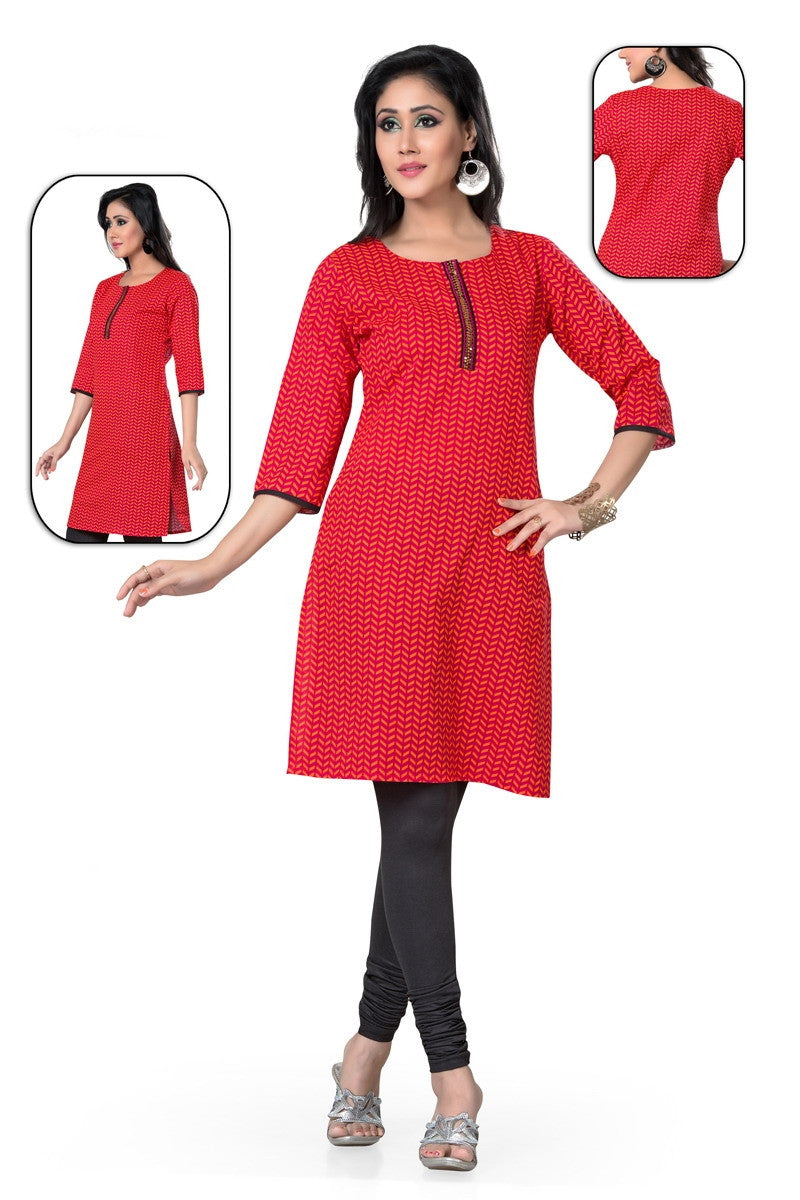 Short cotton kurta in orange with print pattern