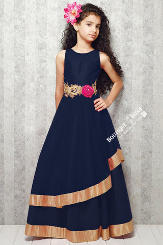 Girl's - Dark Blue With Golden Casual Gown/Dress - Gilr's Casual And Party Collection Gowns - Boutique4India Inc.