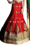 Girl's - Red, Green And Golden Heavy Work - Lehenga / Half Saree - Gilr's Party And Wedding Collection Lehenga Set For Special Occasions - Semi Stitched, Blouse - Ready to Stitch - Boutique4India Inc.