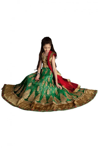 Girl's - Green And Golden Heavy Work - Lehenga / Half Saree - Gilr's Party And Wedding Collection Lehenga Set For Special Occasions - Semi Stitched, Blouse - Ready to Stitch - Boutique4India Inc.