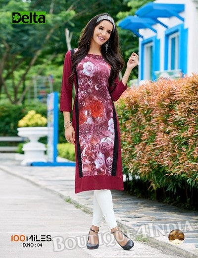 Maroon Self Design and printed Cotton Kurti