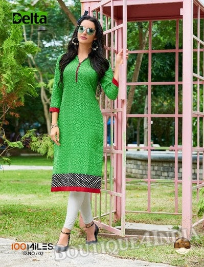 Green Self Design and printed Cotton Kurti