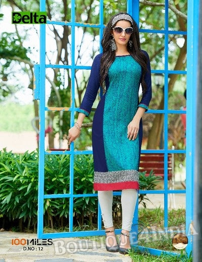 Turquoise & Navy Self Design and printed Cotton Kurti