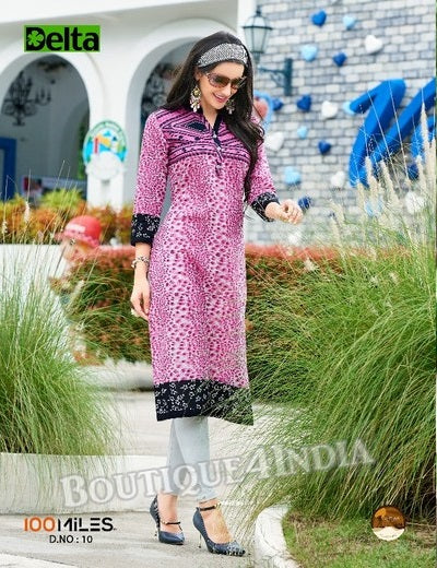 Lavender Self Design and printed Cotton Kurti