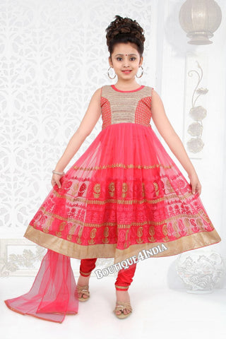 Girls watermelon color embroidered Churidar Suit