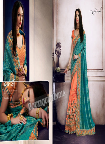 Turquoise Raw Silk Party Wear Heavy Embroidered Saree