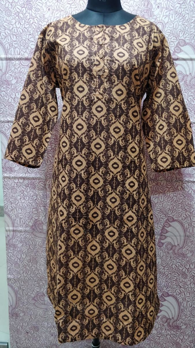 Brown Cotton Straight Hand Block Printed Kurti