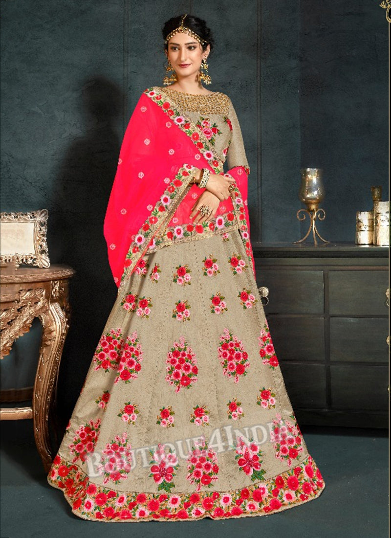 Beige Silk Bridal Embroidered Lehenga