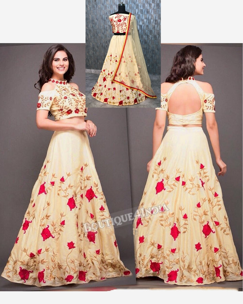 Beige taffeta silk party wear embroidery work lehenga