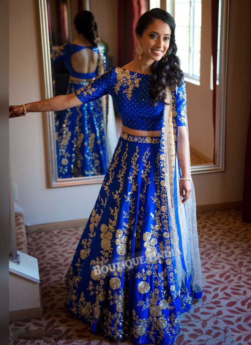 Blue taffeta silk lehenga choli