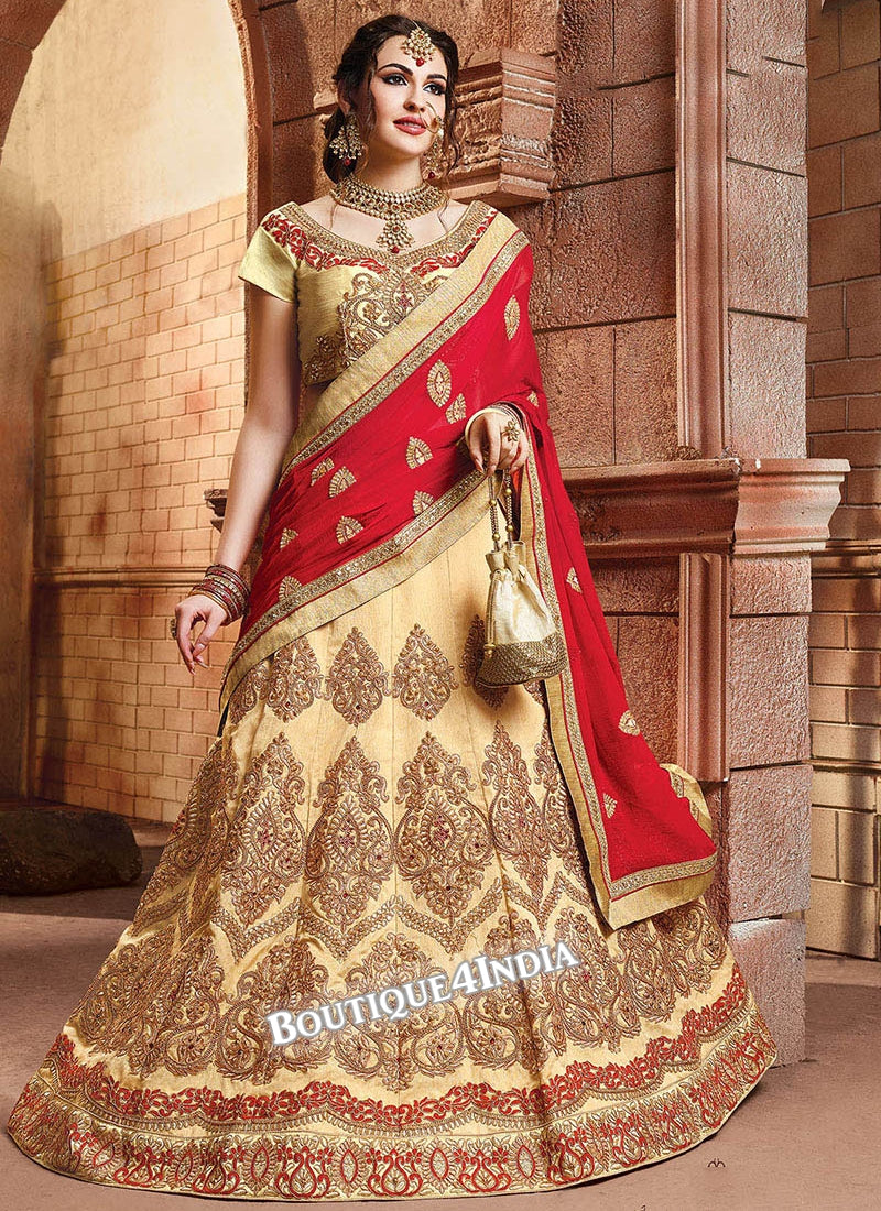 Cream Satin silk reception wear lehenga choli