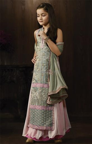 Girl's Olive Green Raw Silk Embroidered Anarkali Suit