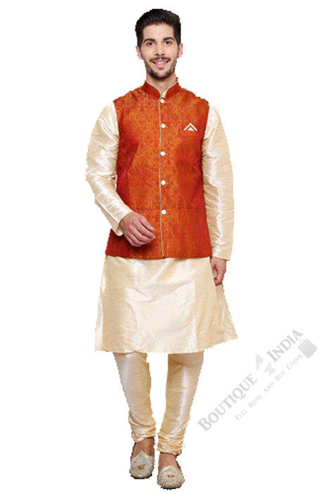 Men's - Coral and Cream White Kurta Set - Boutique4India Inc.