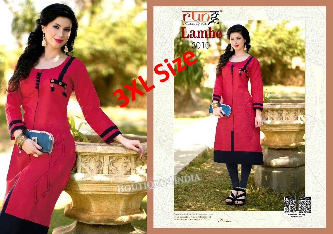 3XL Watermelon red Cotton 3/4 Kurtis