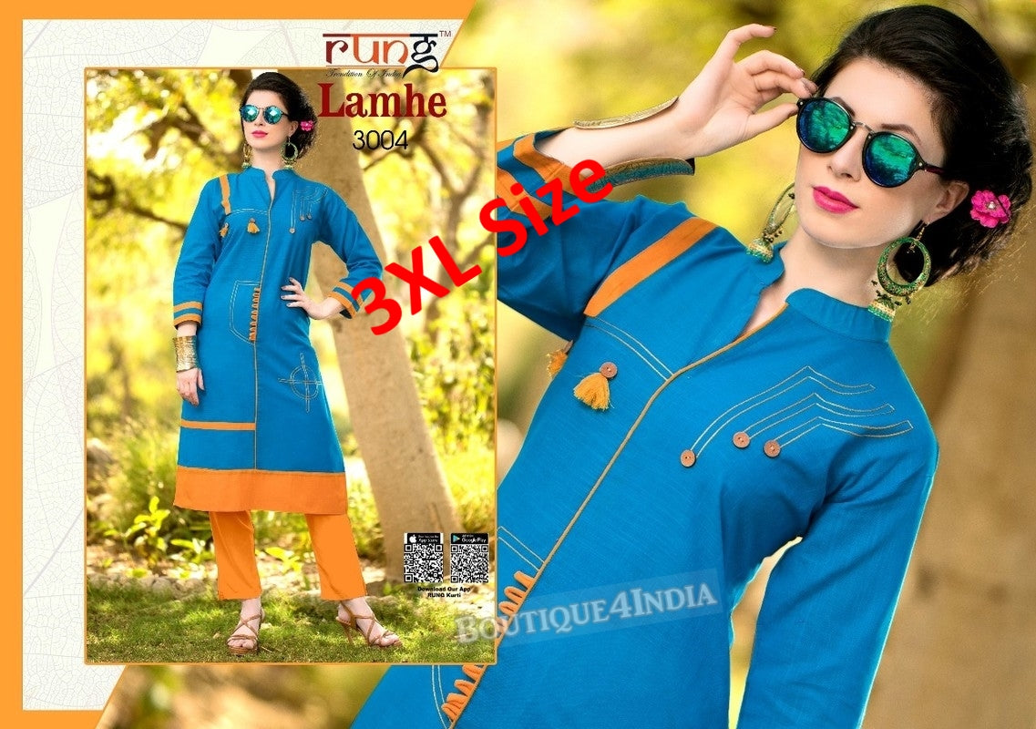 3XL Blue Cotton 3/4 Kurtis