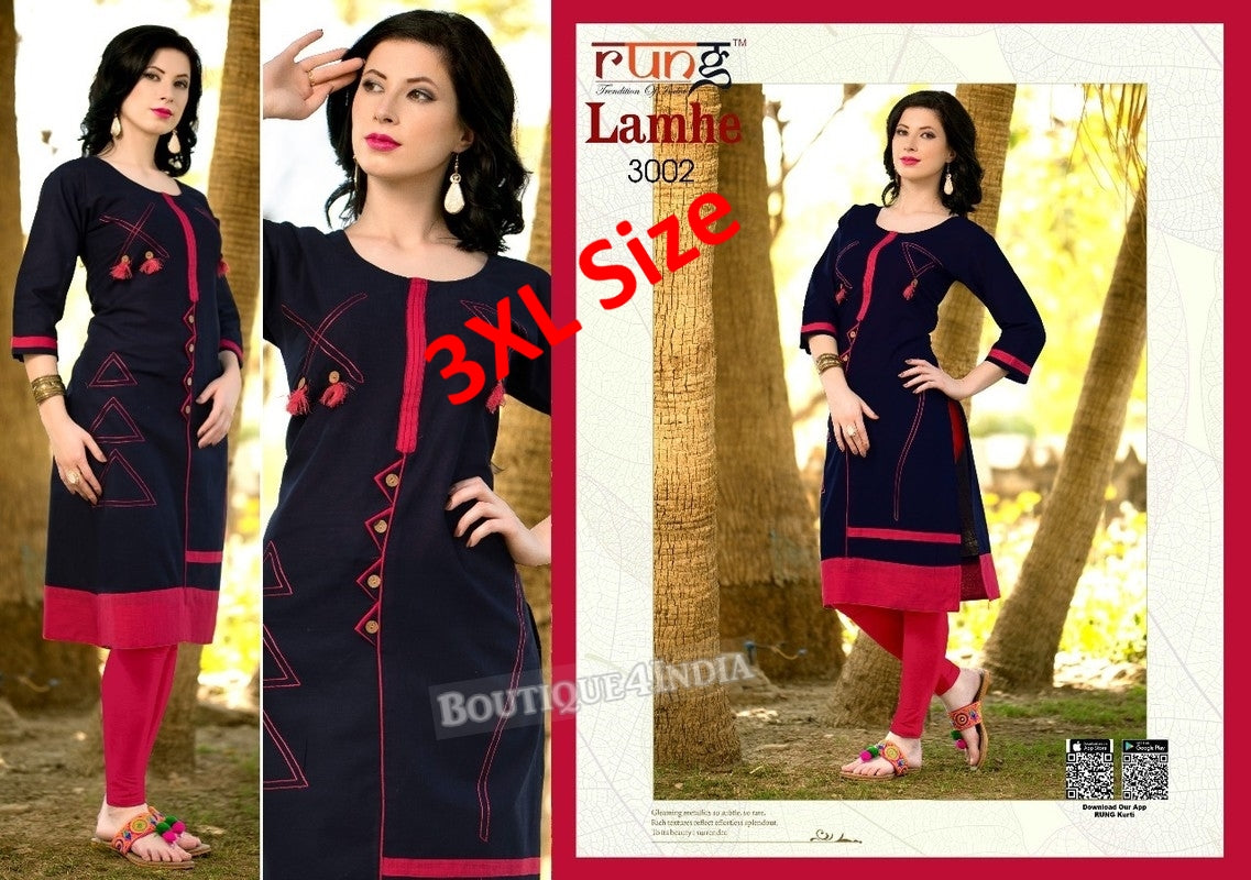 3XL Black and Pink Cotton 3/4 Kurtis