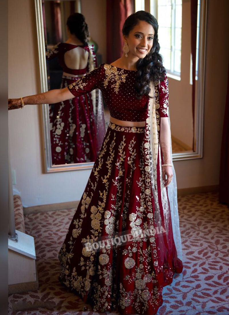 Maroon taffeta silk lehenga choli